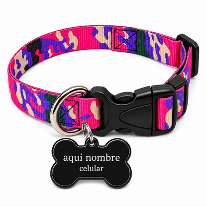 Collar para Perro Ajustable de Reata Premium camuflado militar  rosado+ Collar de identificación