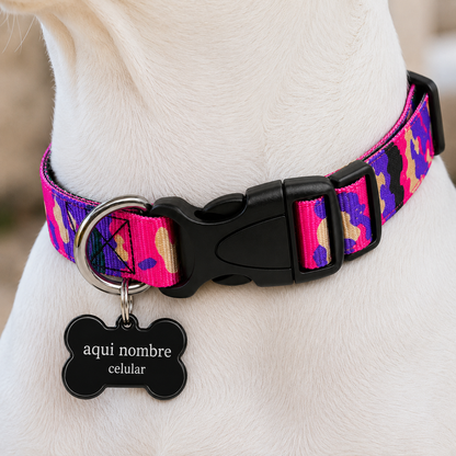 Collar para Perro Ajustable de Reata Premium camuflado militar  rosado+ Collar de identificación
