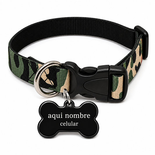Collar para Perro Ajustable de Reata Premium camuflado militar + Collar de identificación